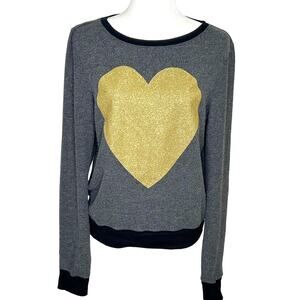 Wildfox Gray Fleece Gold Sparkle Heart Long Sleeve Top